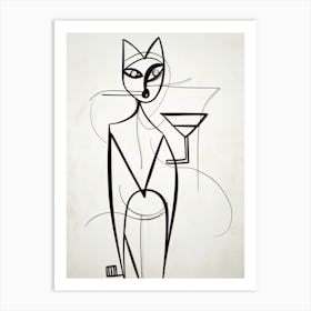 Cat And Cocktail Line Art Art Print
