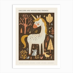 Unicorn In The Meadow With Abstract Woodland Animal Friends Muted Pastel 4 Poster Art Print
