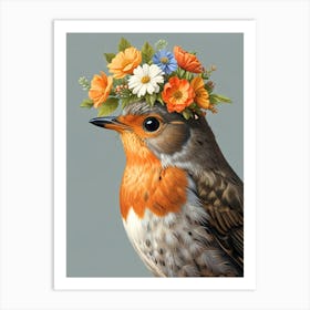 Robin With Flower Crown 6 Art Print