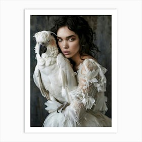 woman holding a White Parrot Art Print