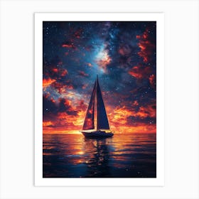 Sailboat In The Sea At Sunset Art Print