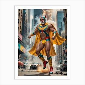 Luchador Unleashed: A Giant’s Destructive Path Art Print