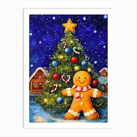 Gingerbread Man And Christmas Tree Art Print