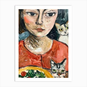 Portrait Of A Girl With Cats Eating Salad 1 Art Print