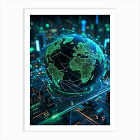 A Complex Network Of Intertwining Glowing Fibers Representing Global Telecom Connections And Financi Art Print