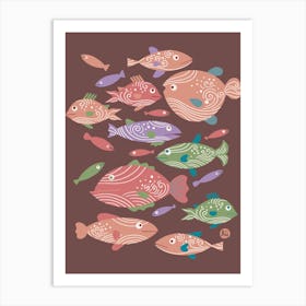 School of Spiral Fish [red on dark red] Art Print