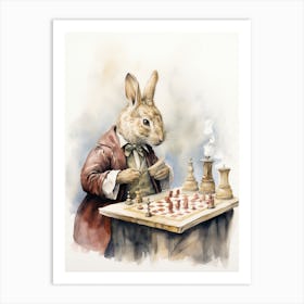 Bunny Playing Chess Rabbit Prints Watercolour 1 Art Print
