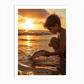 A Young Person Engaging In Play With A Fish Near The Waters Edge On A Sandy Beach Golden Hour Ligh (1) Art Print