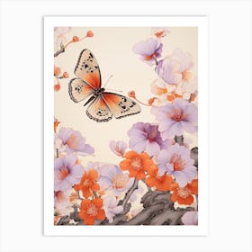 Japanese Style Painting Of A Butterfly With Flowers 6 Art Print
