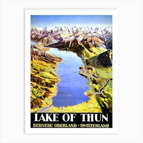 Lake Of Thun Map, Bernese Oberland, Switzerland, Travel Poster Art Print