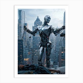 Futuristic Superhero Robot With Steel Wings Boasting A Damaged Yet Pristine Human Face In The Mids Art Print