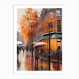 Amsterdam cafes, autumn season, rain, autumn oil colours.Faded colours,People passing on the street, winter clothes, rain umbrellas.12 Poster