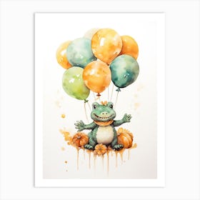 Alligator Flying With Autumn Fall Pumpkins And Balloons Watercolour Nursery 4 Art Print