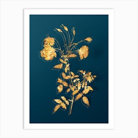 Vintage Red Rose Botanical in Gold on Teal Blue n.0301 Art Print