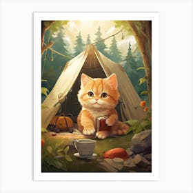 Kawaii Cat Drawings Camping 1 Art Print