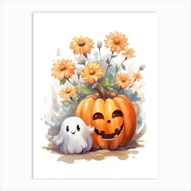 Cute Ghost With Pumpkins Halloween Watercolour 111 Art Print