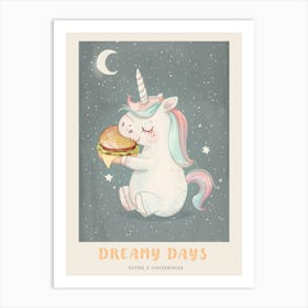 Storybook Style Unicorn Eating A Cheeseburger Poster Art Print