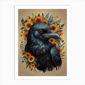 Crow With Crown Flower Art Print