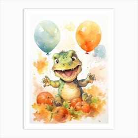 Dinosaur T Rex Flying With Autumn Fall Pumpkins And Balloons Watercolour Nursery 4 Art Print