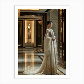 Asian Woman Stands Poised In A Luxurious Fashion Ensemble Contrasting Traditional Elements With Hig (1) Art Print