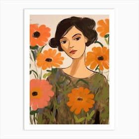 Woman With Autumnal Flowers Ranunculus Art Print