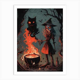 Witch Girl's Feline Sorcery Art Print