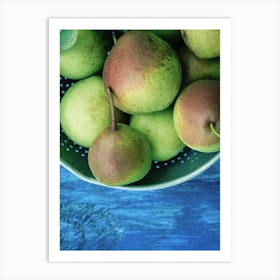 Green Pears On Blue Table Art Print