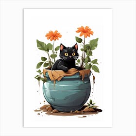 Black Cat In A Pot Art Print