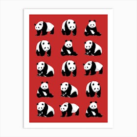 Panda Bears Pattern on Red Art Print