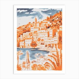Italy, Portofino Cute Illustration In Orange And Blue 1 Art Print