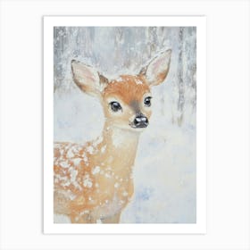 Fawn In The Snow. Acrylic Christmas Illustration for Kids Room. Nursery Art Print