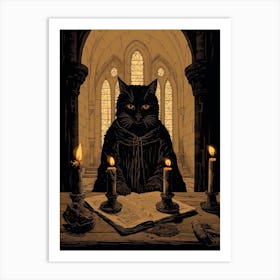 A Spooky Black Cat In A Church Reading A Text 2 Art Print