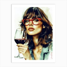 Beauty With Red Glasses And A Glass Of Wine 2 Art Print