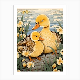 Mother Duckling Japanese Woodblock Style Art Print