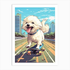 Maltese Dog Skateboarding Illustration 1 Art Print