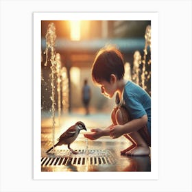 Little Boy Feeding A Bird Art Print