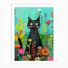 Black Cat In Flowers 2 Art Print