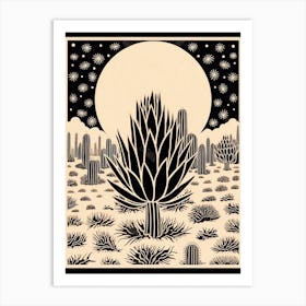 B&W Cactus Illustration Echinocereus Cactus 2 Art Print