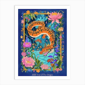Lunar Year Of The Dragon 2024 Blue Dragon With Floral Frame Art Print