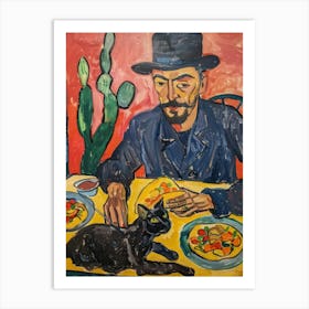 Portrait Of A Man With Cats Eating Tacos  1 Art Print