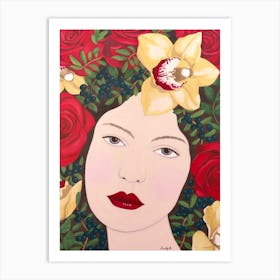 Woman With Orchid And Roses Art Print