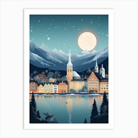 Winter Travel Night Illustration Lucerne Switzerland 2 Art Print