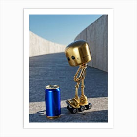 Blue Eyed Robot Line Roller Skates Strapped To Its Chassis Camouflaged As A Sweaty Metallic Gold Art Print