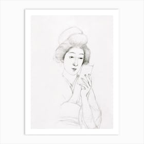 Study of a seated woman holding a mirror by Goyō Hashiguchi (early 20th century) Art Print