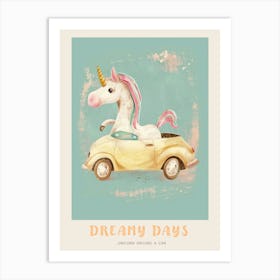 Storybook Style Unicorn Driving A Car Poster Art Print