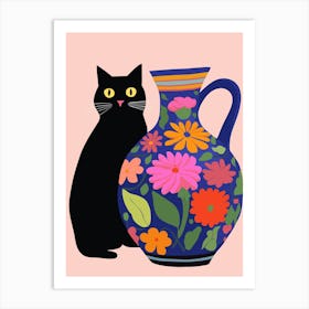 Black Cat With Flowered Vase Art Print