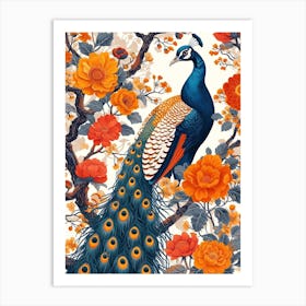Peacock Vintage Wallpaper Style With Orange Flowers Art Print