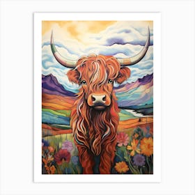 Colourful Patchwork Highland Cow Wavy Lines Art Print