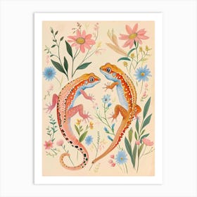 Folksy Floral Animal Drawing Gecko 2 Art Print