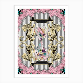 Repeat The Life - the life in a hourglass surrounded by tigers and pink eye-flowers Art Print